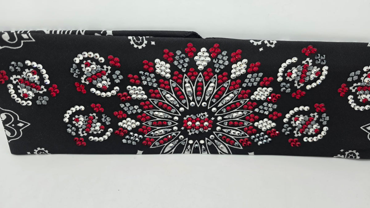 Super LeeAnnette Black Paisley Bandana with Red, Black and Diamond Clear Austrian Crystals (S48181)