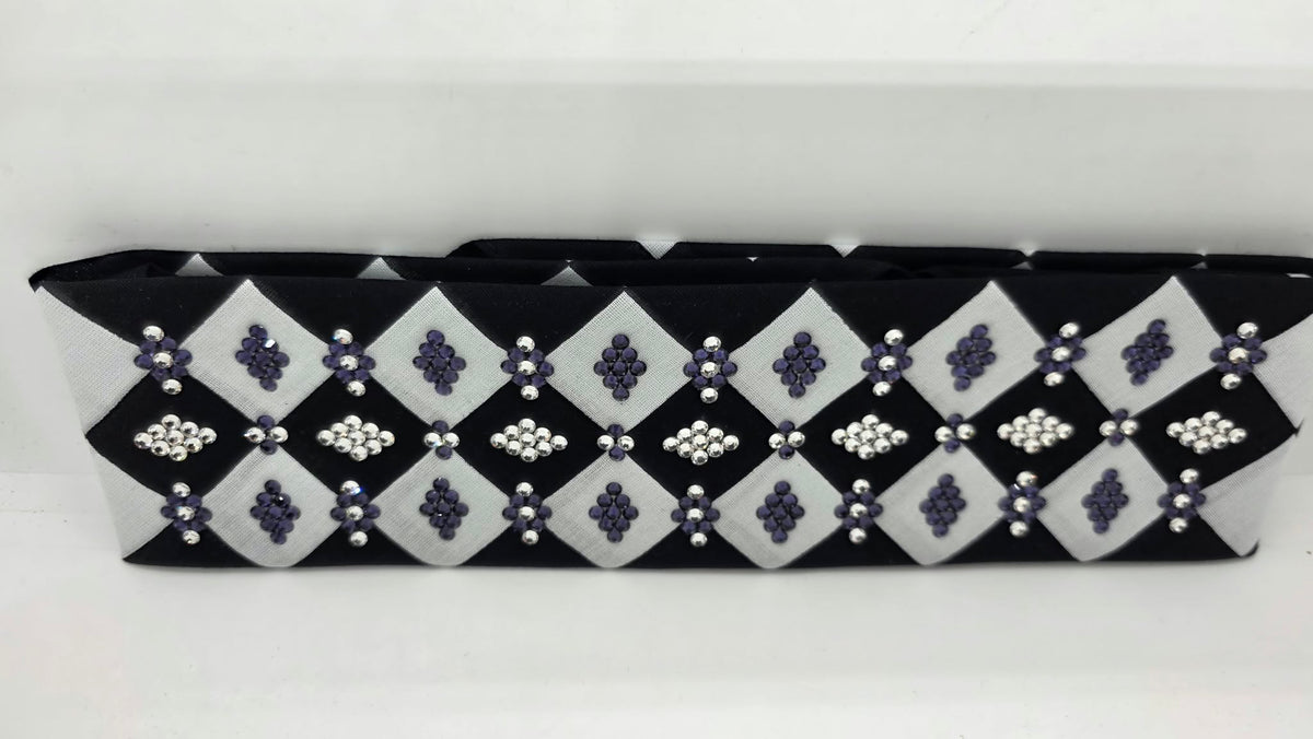LeeAnnette Black and White Checker Bandana with Purple and Diamond Clear Austrian Crystals (L40289)