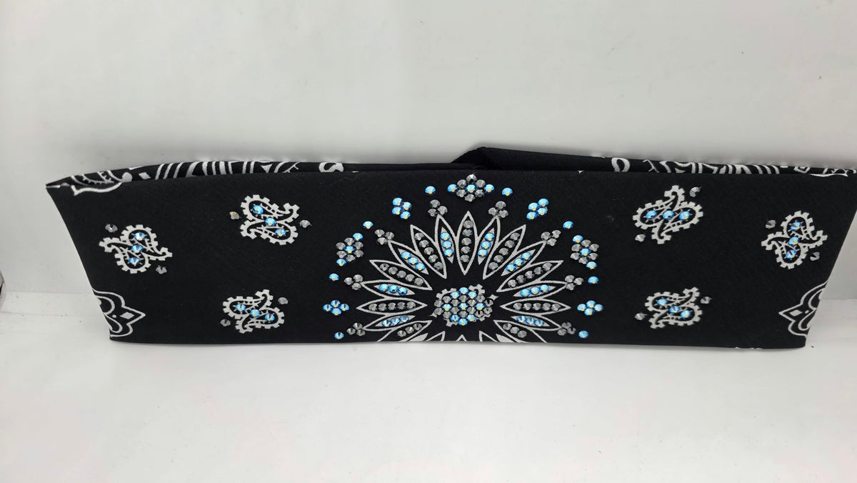 Black Paisley Bandana with Blue Shimmer and Black Austrian Crystals (E60170)