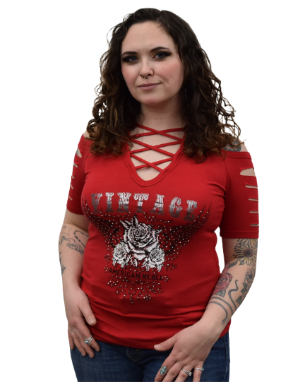 Red Wings and Roses Open Shoulder Shirt