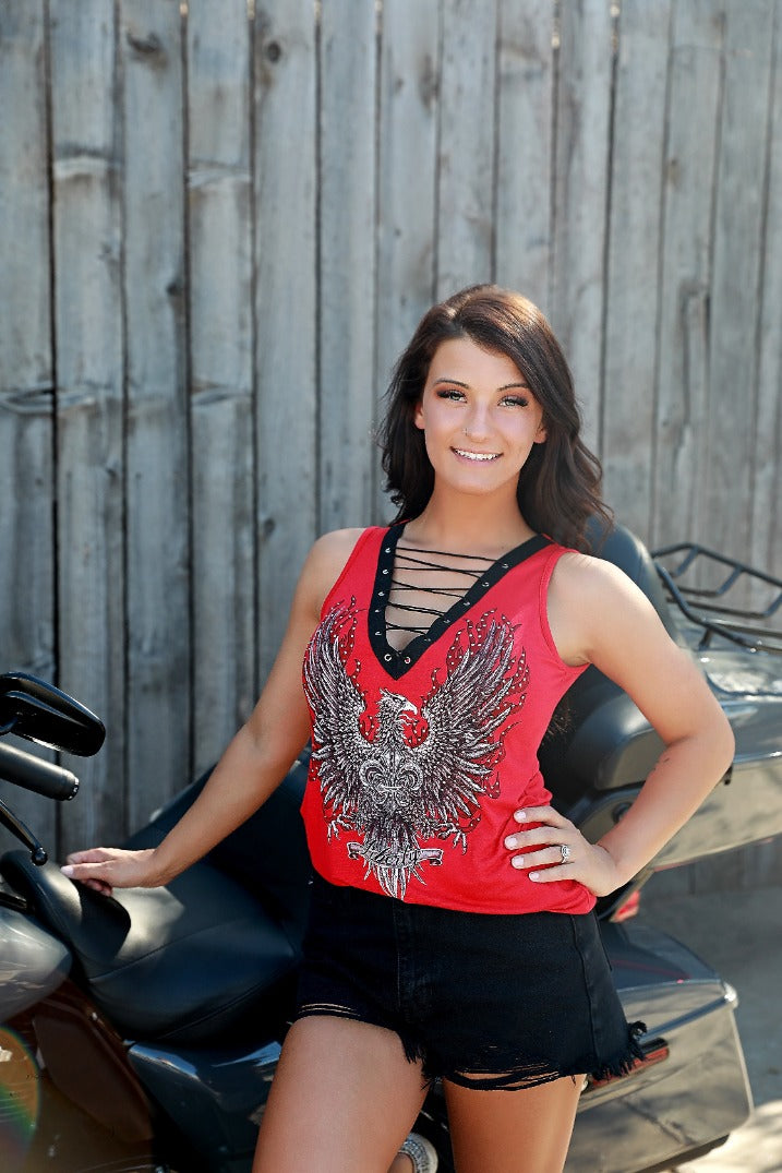 Red V-neck Eagle Crest Top
