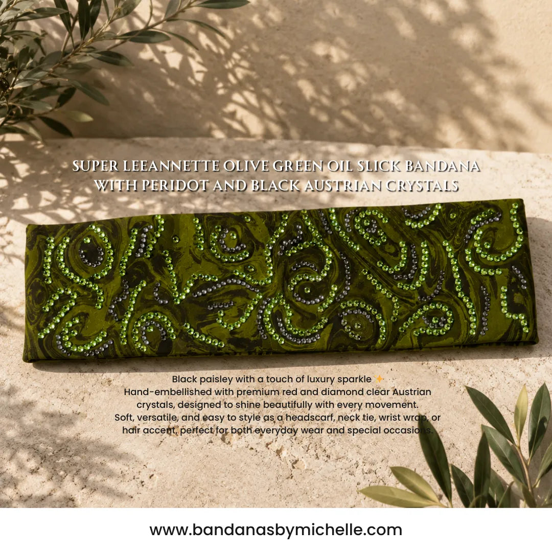 Super LeeAnnette Olive Green Oil Slick Bandana with Peridot and Black Austrian Crystals (S48151)
