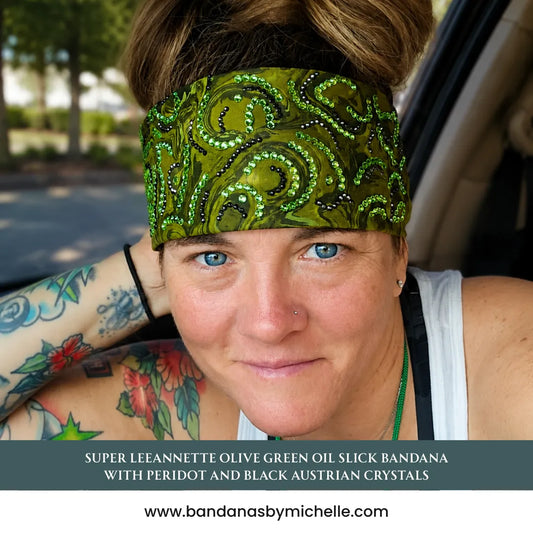 Super LeeAnnette Olive Green Oil Slick Bandana with Peridot and Black Austrian Crystals (S48151)