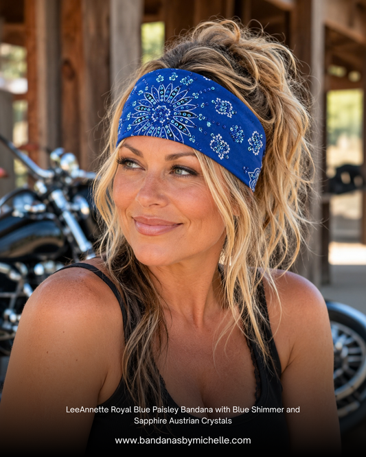 LeeAnnette Royal Blue Paisley Bandana with Blue Shimmer and Sapphire Austrian Crystals (L40251)
