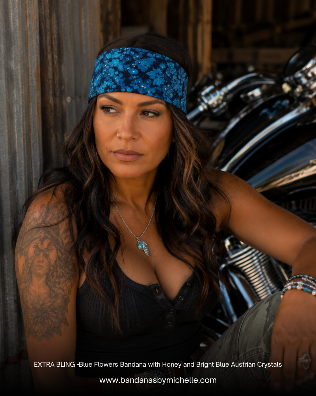 EXTRA BLING -Blue Flowers Bandana with Honey and Bright Blue Austrian Crystals (sku6374)