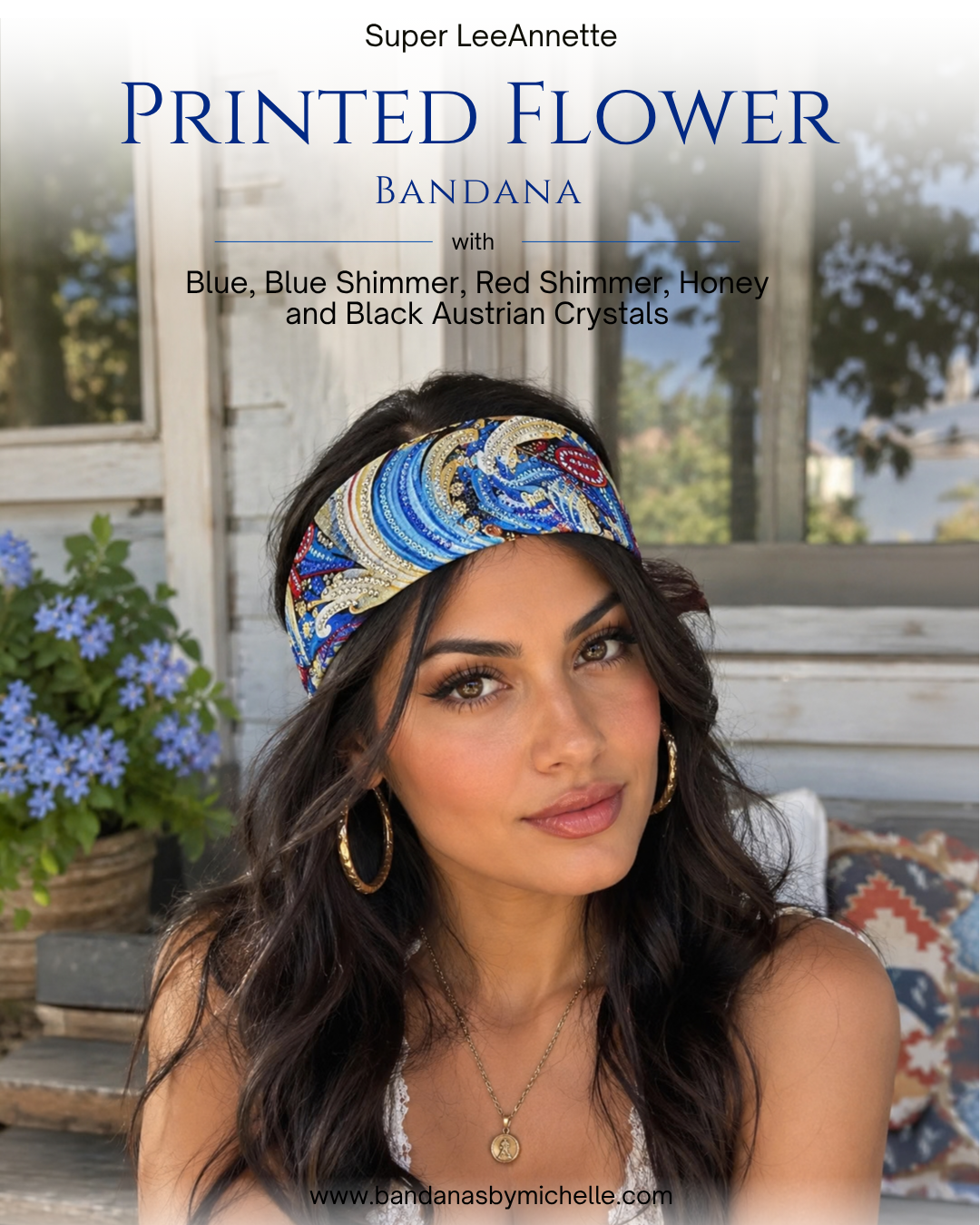 Super LeeAnnette Printed Flower Bandana with Blue, Blue Shimmer, Red Shimmer, Honey and Black Austrian Crystals (sku40148)