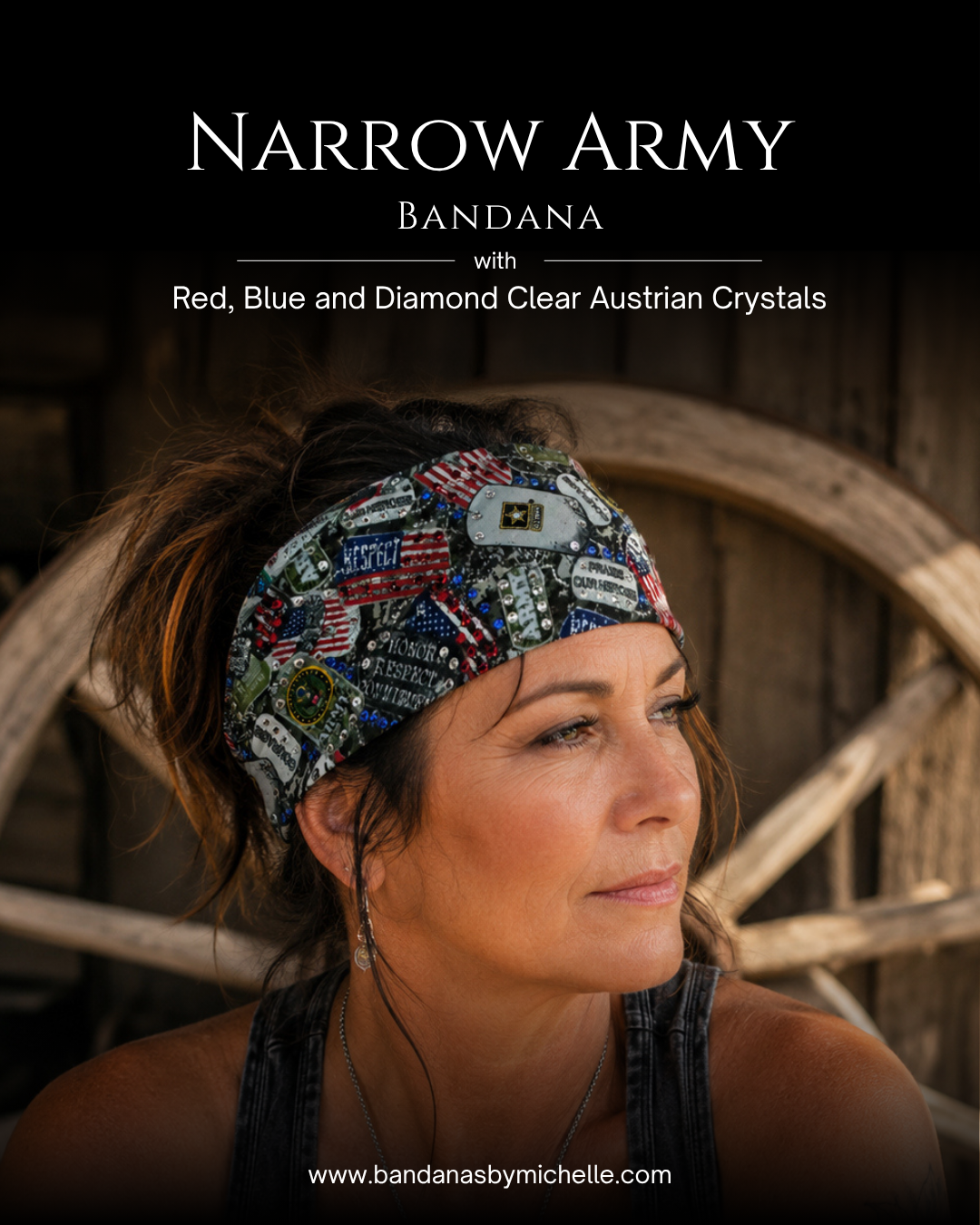 Narrow Army Bandana with Red, Blue and Diamond Clear Austrian Crystals (Sku1883)