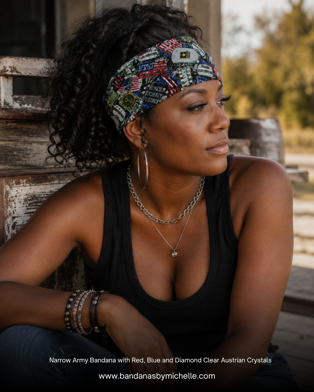 Narrow Army Bandana with Red, Blue and Diamond Clear Austrian Crystals (Sku1883)