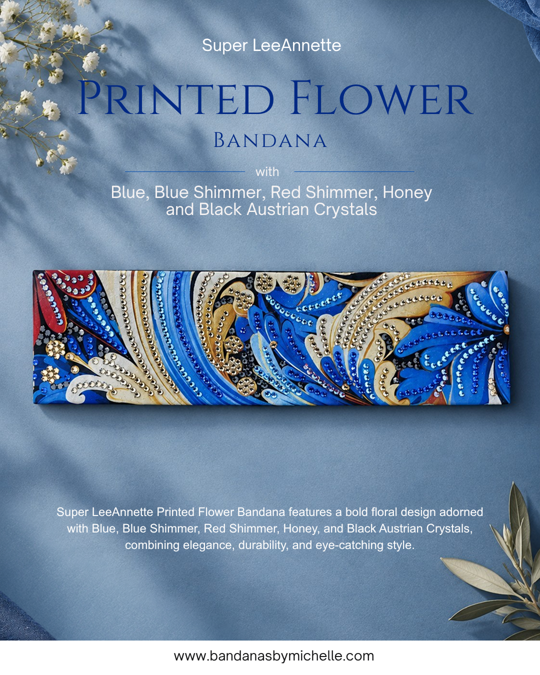 Super LeeAnnette Printed Flower Bandana with Blue, Blue Shimmer, Red Shimmer, Honey and Black Austrian Crystals (sku40148)
