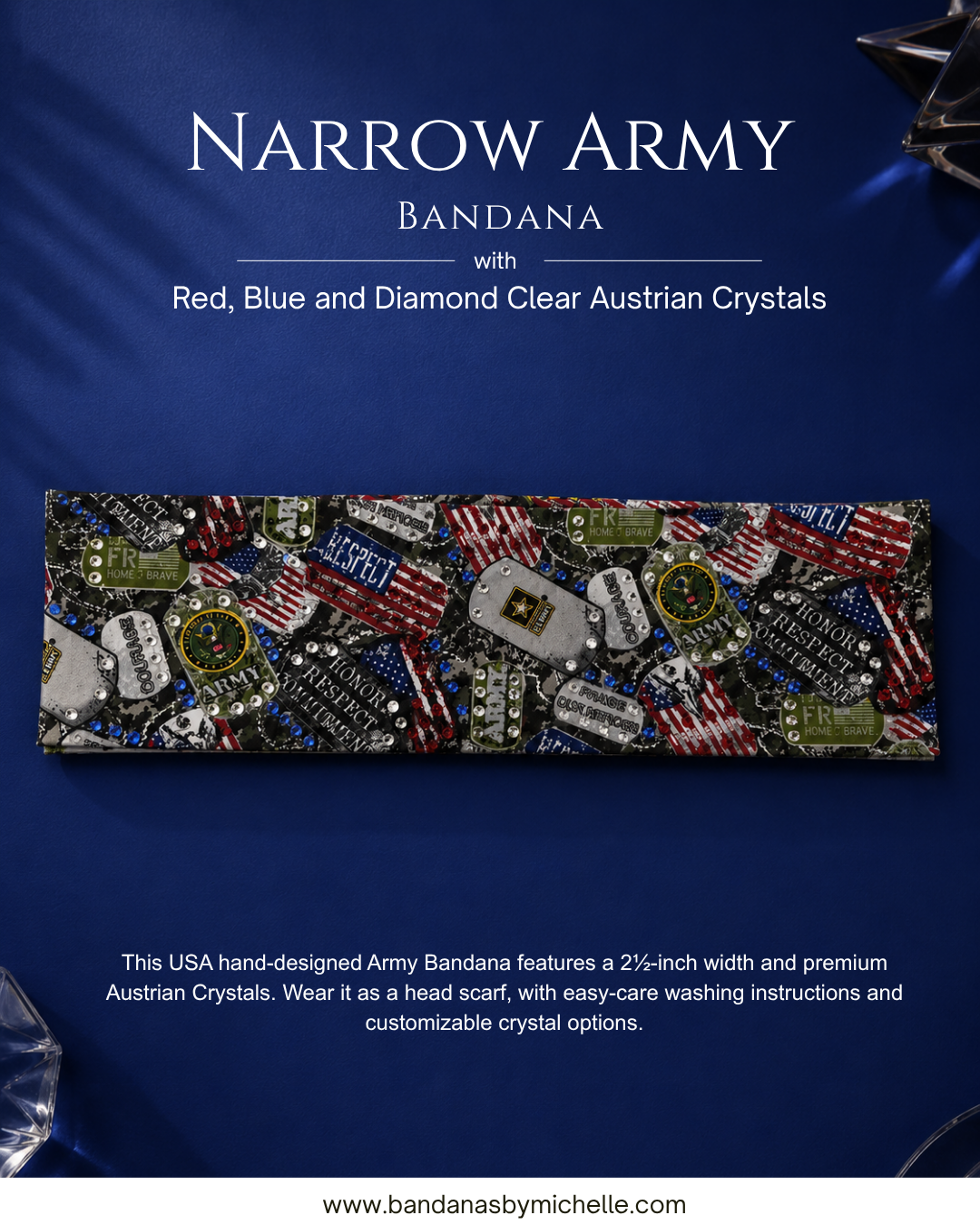 Narrow Army Bandana with Red, Blue and Diamond Clear Austrian Crystals (Sku1883)
