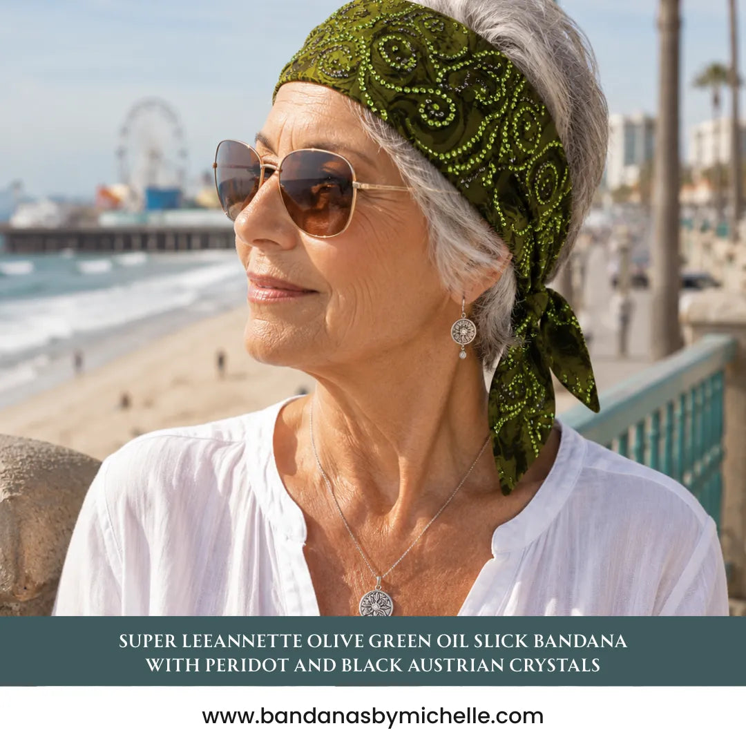 Super LeeAnnette Olive Green Oil Slick Bandana with Peridot and Black Austrian Crystals (S48151)
