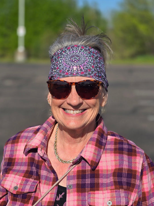Stretchy Headband Pink and Grey Medallion with Aurora Borealis Crystals (Sku5474)