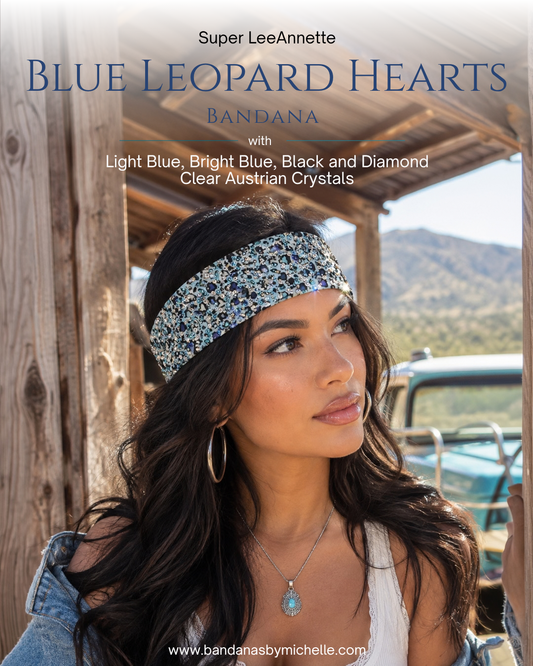 Super LeeAnnette Blue Leopard Hearts Bandana with Light Blue, Bright Blue, Black and Diamond Clear Austrian Crystals (sku40085)