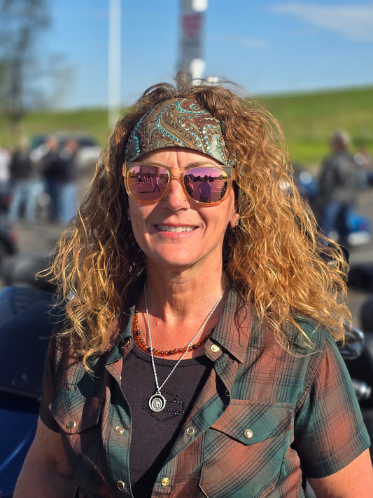 LeeAnnette Brown Oil Slick Bandana with Brown and Caribbean Sea Austrian Crystals (L40227)