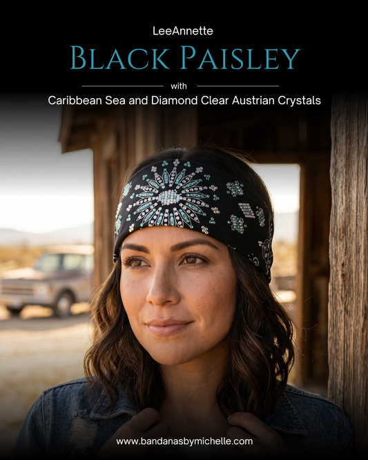 LeeAnnette Black Paisley with Caribbean Sea and Diamond Clear Austrian Crystals (sku4893)