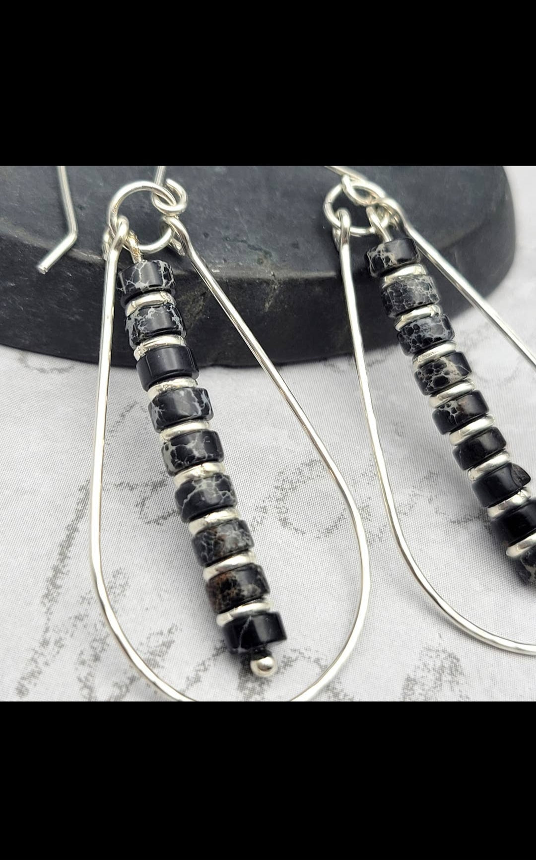 Black Jasper and Silver Teardrop Hoop Earrings (Sku8702)