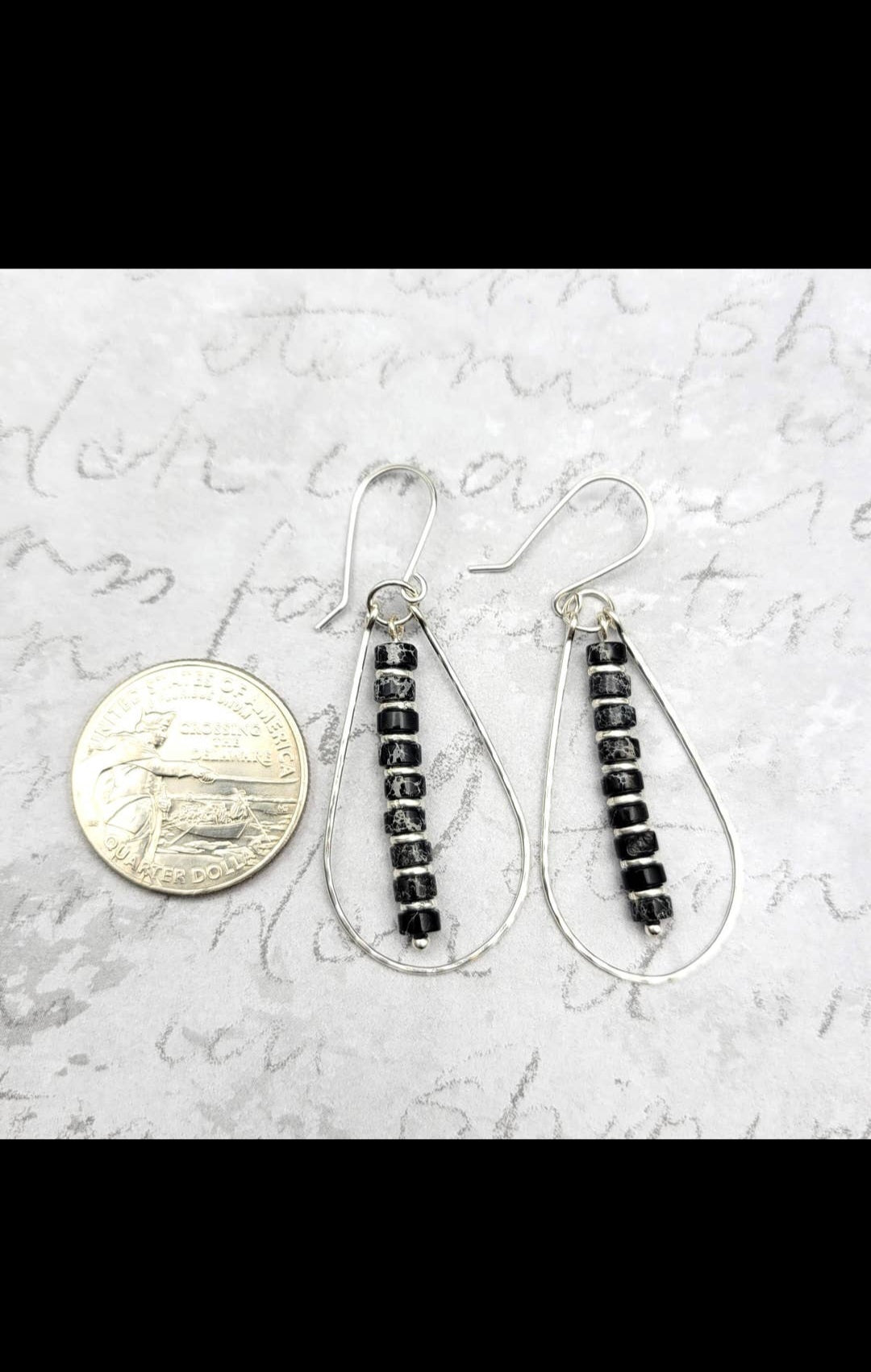 Black Jasper and Silver Teardrop Hoop Earrings (Sku8702)