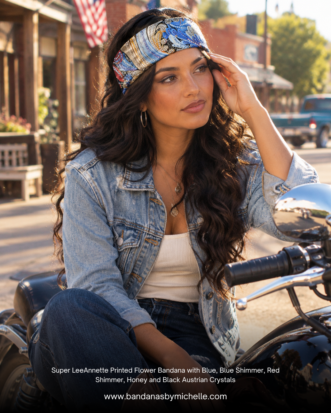 Super LeeAnnette Printed Flower Bandana with Blue, Blue Shimmer, Red Shimmer, Honey and Black Austrian Crystals (sku40148)