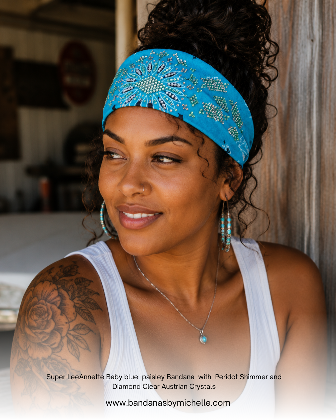 Super LeeAnnette Baby Blue Paisley Bandana with Peridot Shimmer and Diamond Clear Austrian Crystals (S48152)