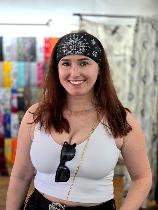 LeeAnnette Black Paisley Bandana with Black Austrian Crystals (Sku4909)