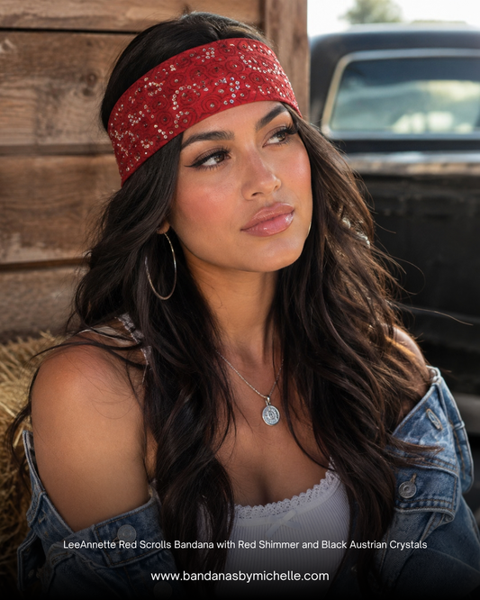 LeeAnnette Red Scrolls Bandana with Red Shimmer and Black Austrian Crystals (sku40100)