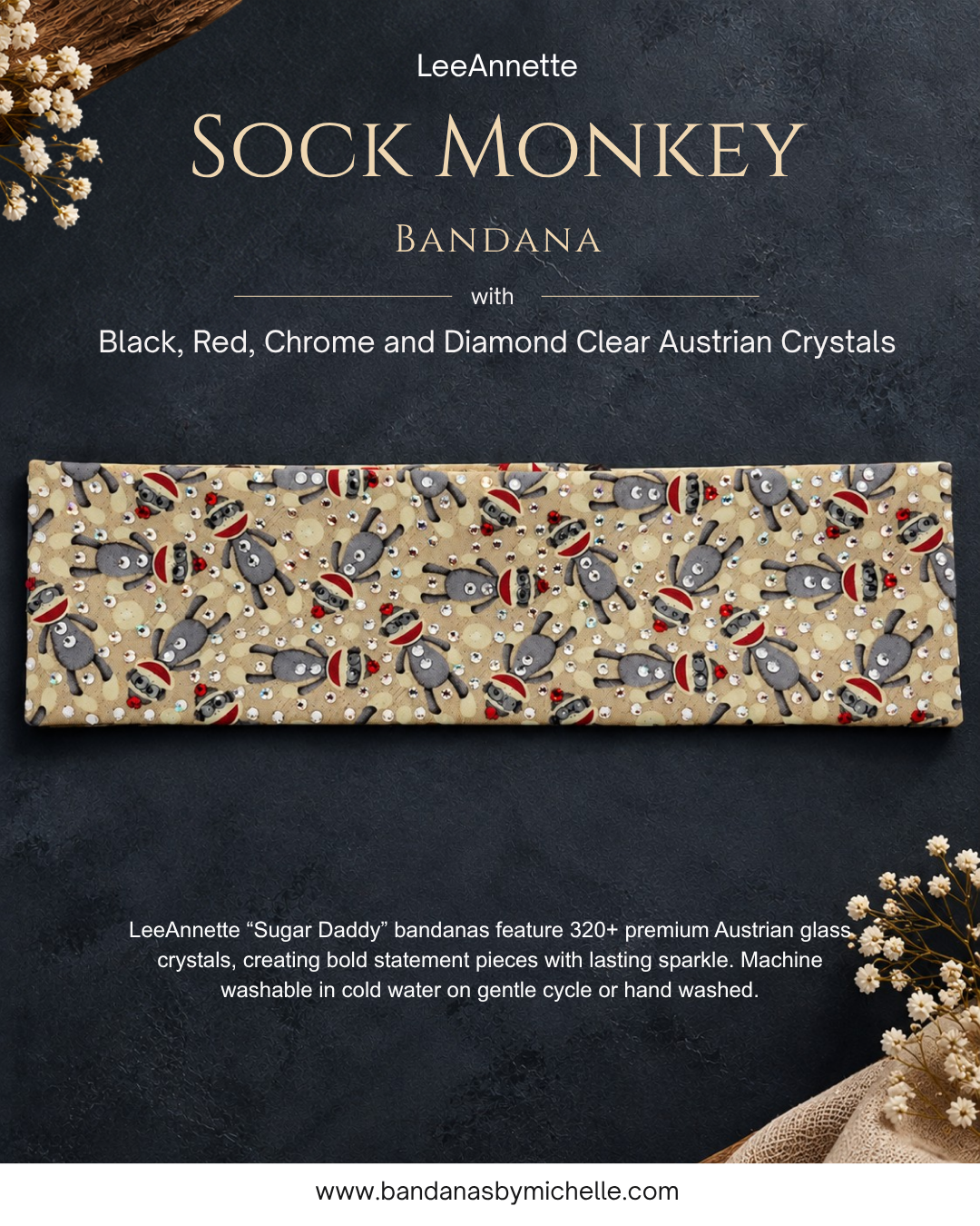 LeeAnnette Sock Monkey with Black, Red, Chrome and Diamond Clear Austrian Crystals (Sku4934)