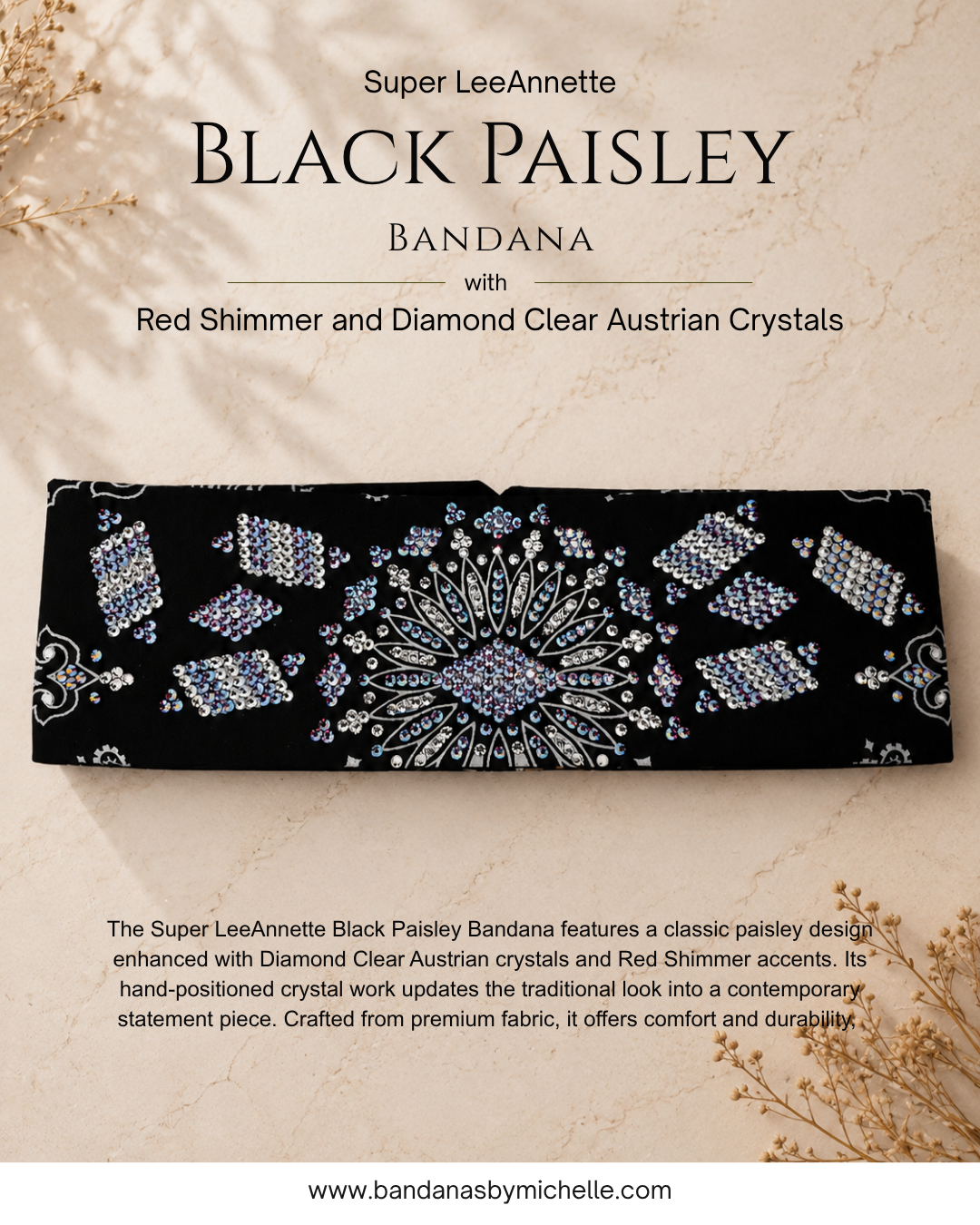 Super LeeAnnette Black Paisley Bandana with Red Shimmer and Diamond Clear Austrian Crystals (S48101)