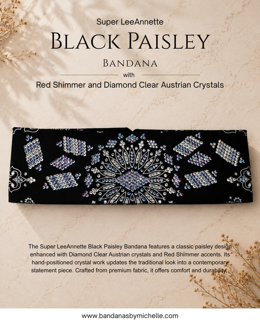Super LeeAnnette Black Paisley Bandana with Red Shimmer and Diamond Clear Austrian Crystals (S48101)