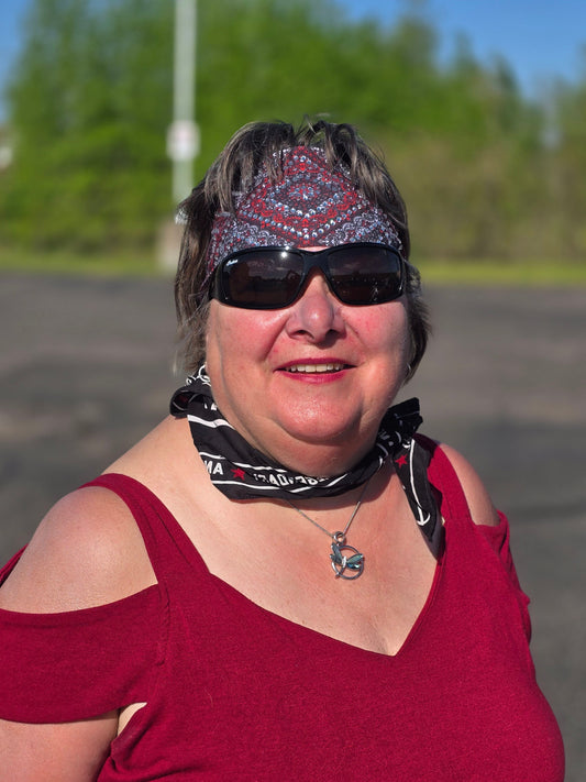 Stretchy Headband Red and Grey Paisley with Clear Crystals (Sku5479)