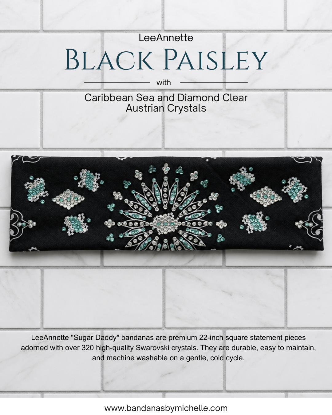 LeeAnnette Black Paisley with Caribbean Sea and Diamond Clear Austrian Crystals (sku4893)