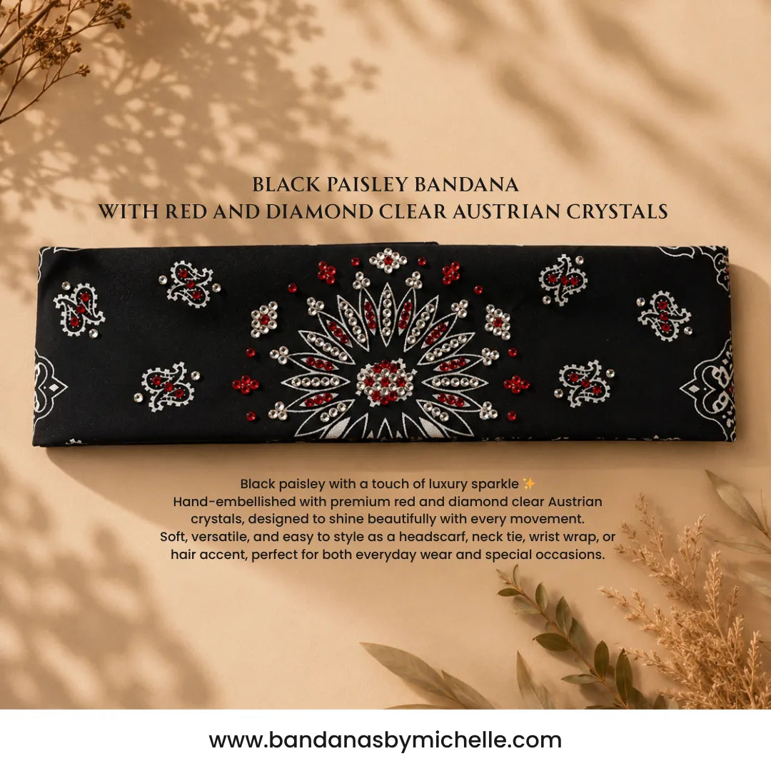Black Paisley Bandana with Red and Diamond Clear Austrian Crystals (E60141)
