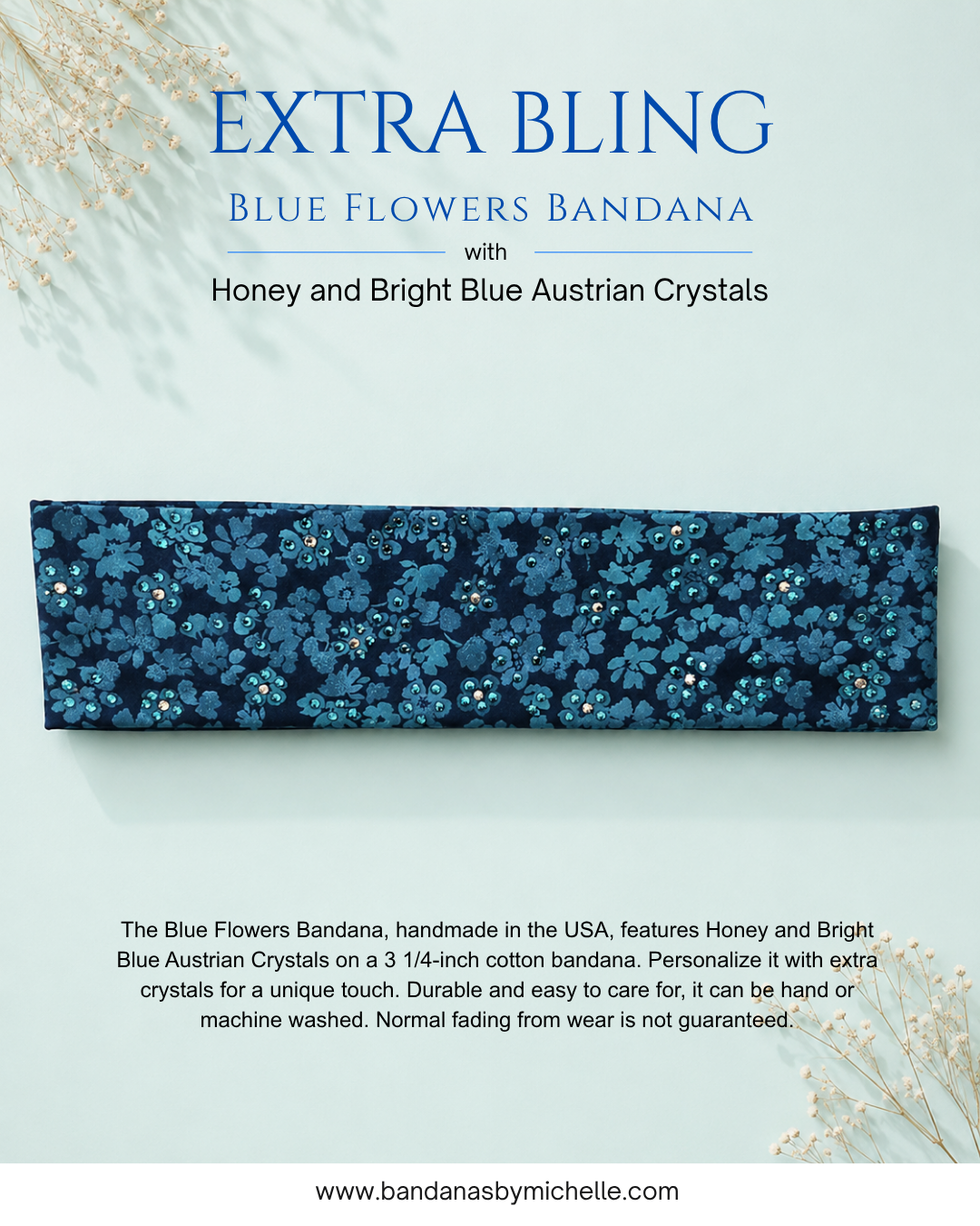 EXTRA BLING -Blue Flowers Bandana with Honey and Bright Blue Austrian Crystals (sku6374)