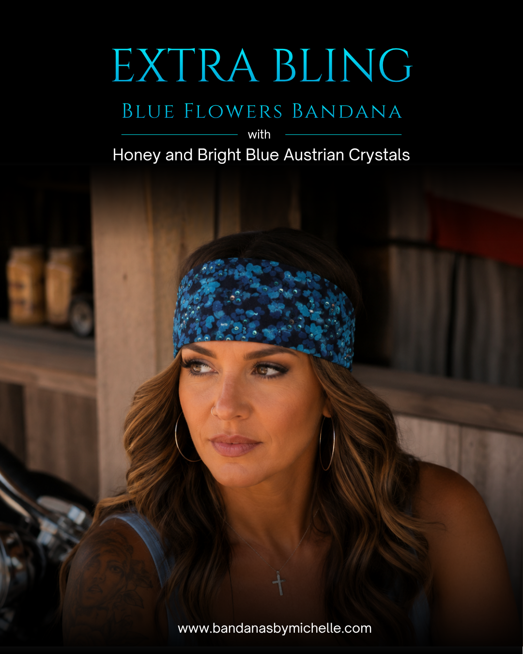 EXTRA BLING -Blue Flowers Bandana with Honey and Bright Blue Austrian Crystals (sku6374)
