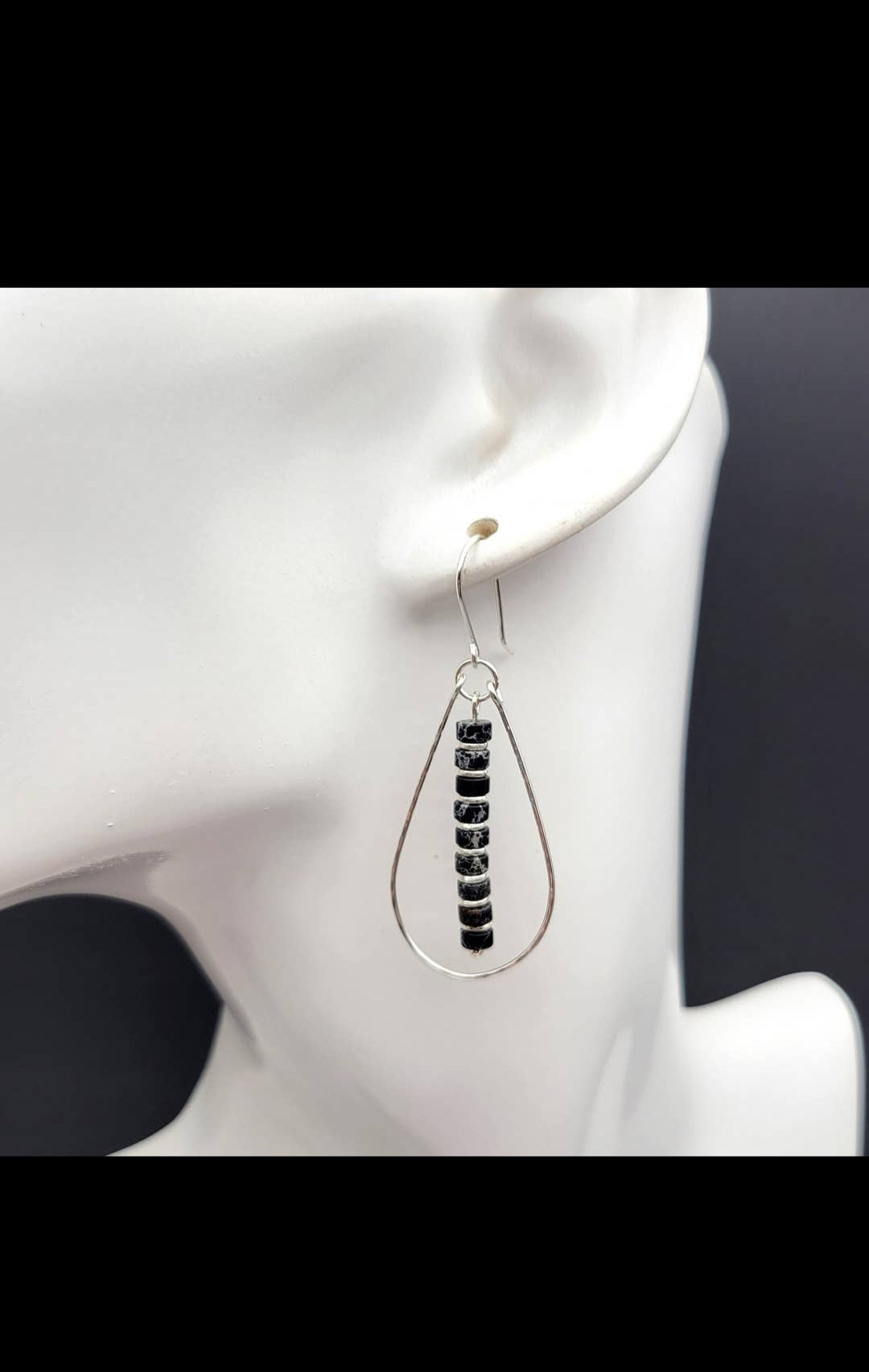 Black Jasper and Silver Teardrop Hoop Earrings (Sku8702)