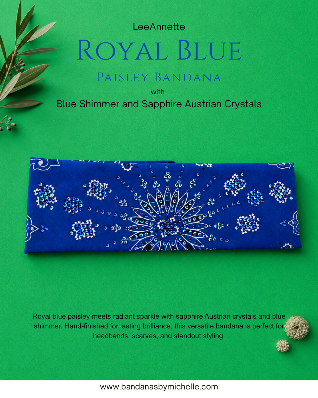 LeeAnnette Royal Blue Paisley Bandana with Blue Shimmer and Sapphire Austrian Crystals (L40251)