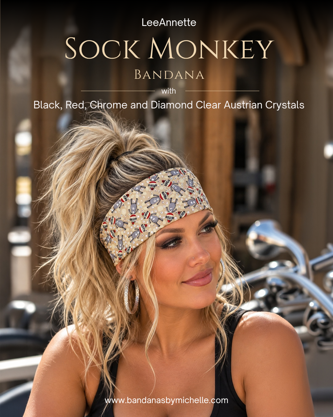 LeeAnnette Sock Monkey with Black, Red, Chrome and Diamond Clear Austrian Crystals (Sku4934)
