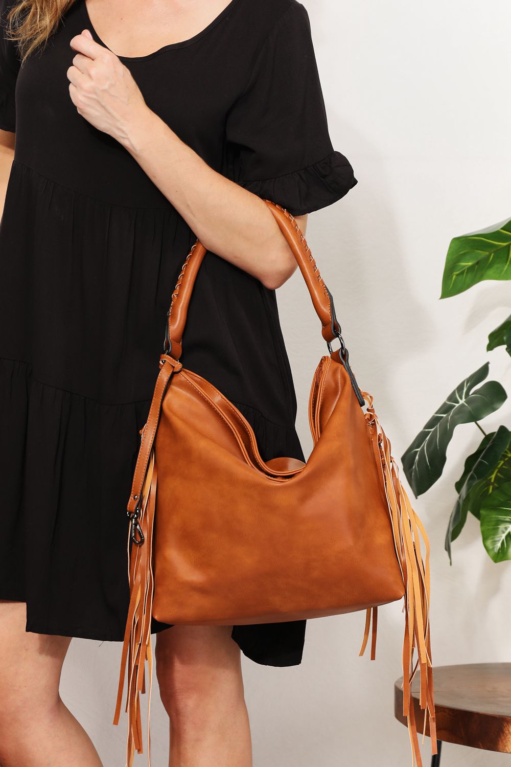 Soft Vegan Leather Fringe Detail Shoulder Bag