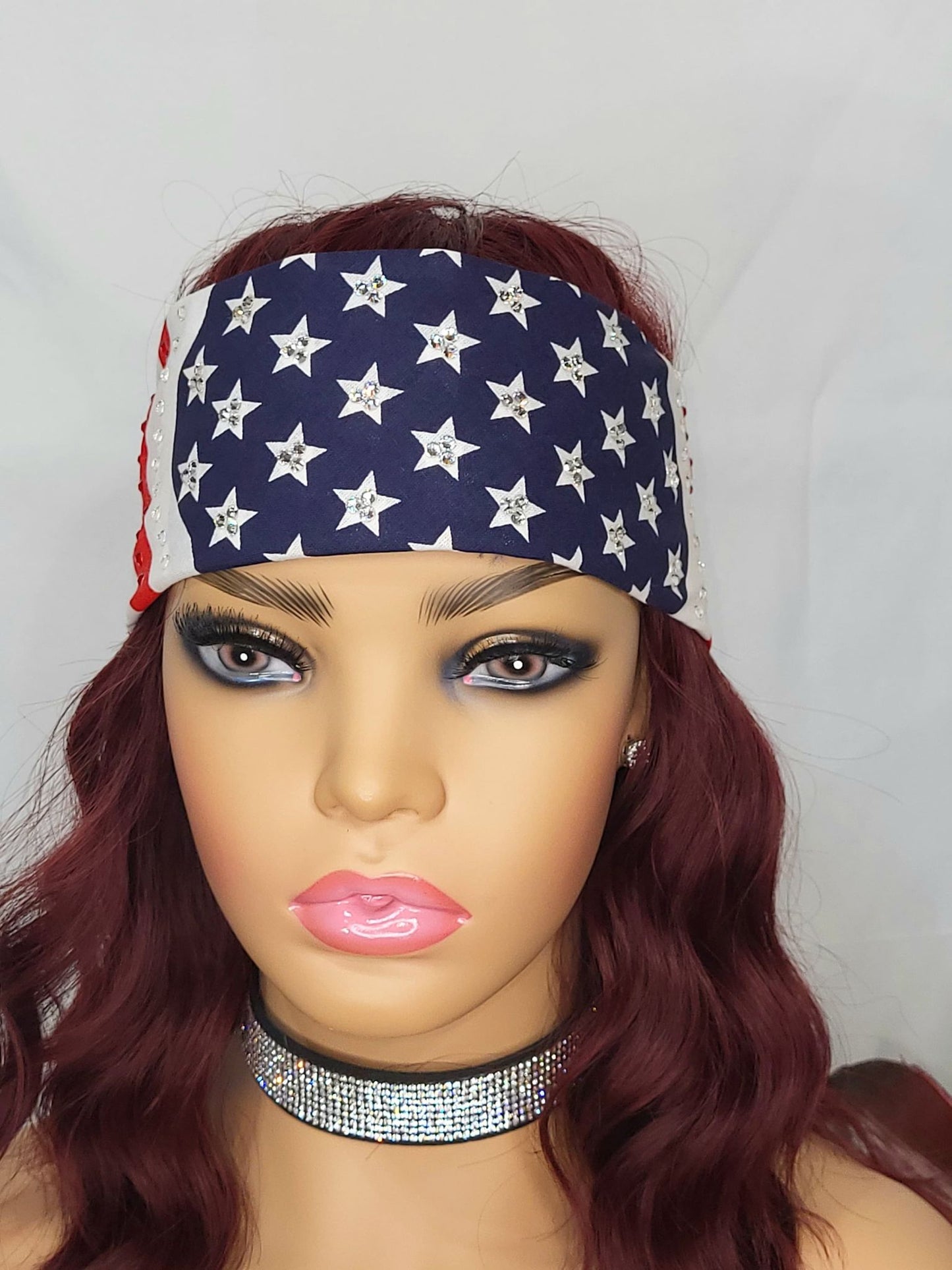American Flag Bandana with Red and Diamond Clear Austrian Crystals (Sku1066)