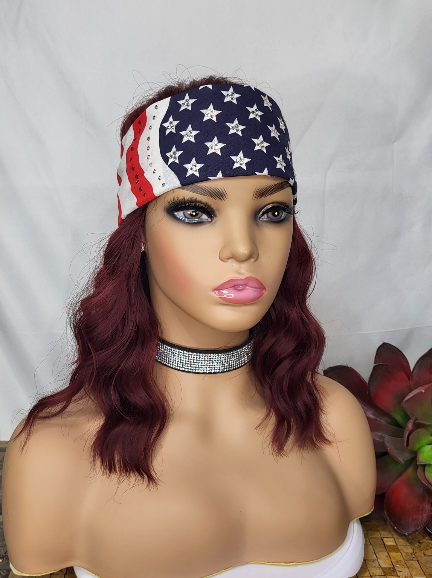 American Flag Bandana with Red and Diamond Clear Austrian Crystals (Sku1066)