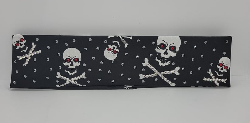 Narrow Skull and Crossbones with Red Eyes, Black and Diamond Clear Austrian Crystals (Sku1443)