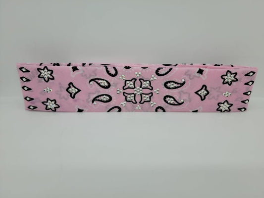 Narrow Light Pink Flower Paisley Bandana with Diamond Clear Austrian Crystals (Sku1457)