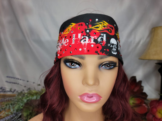 Ride Hard Bandana with Red, Black, Yellow and Diamond Clear Austrian Crystals (Sku1601)