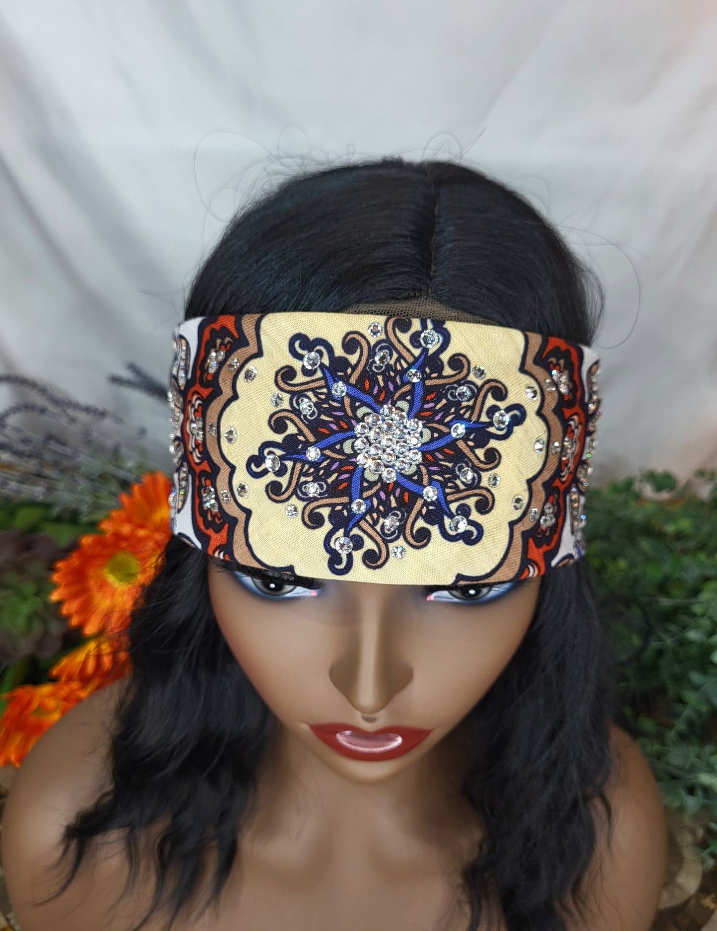 Narrow Brown and Cream Indian with Diamond Clear Austrian Crystals (Sku1604)
