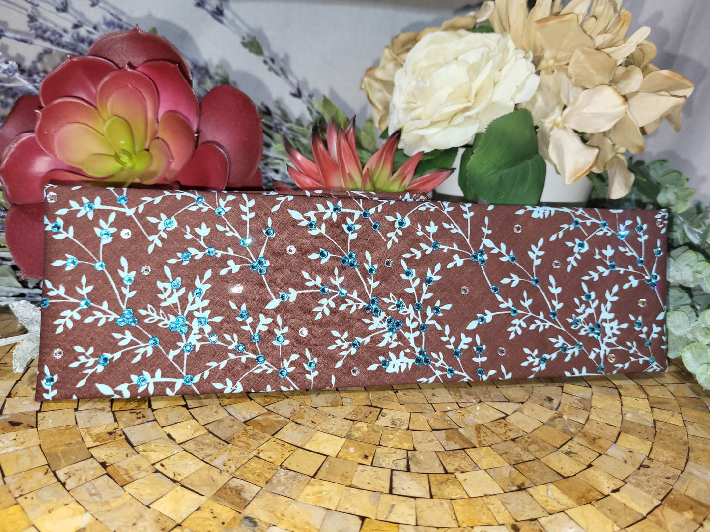 Light Blue Leaves on Brown with Light Blue and Diamond Clear Austrian Crystals (Sku1610)