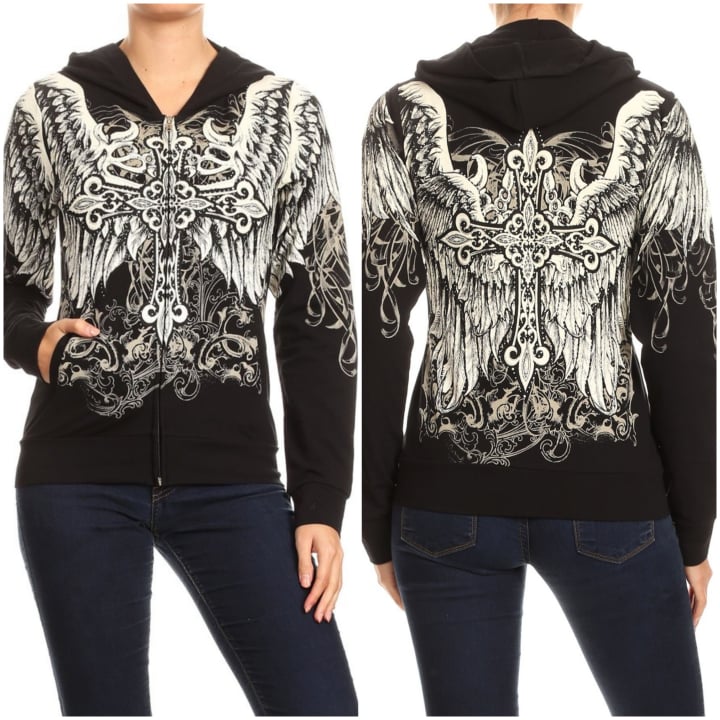 Black Hooded Jacket with Cross and wings, Available in regular and Plus sizes