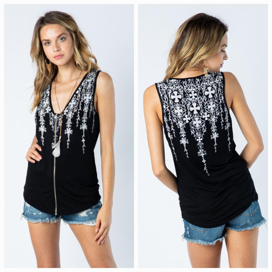 Cascading Cross Black Zippered Sleeveless Shirt (sku18008T)