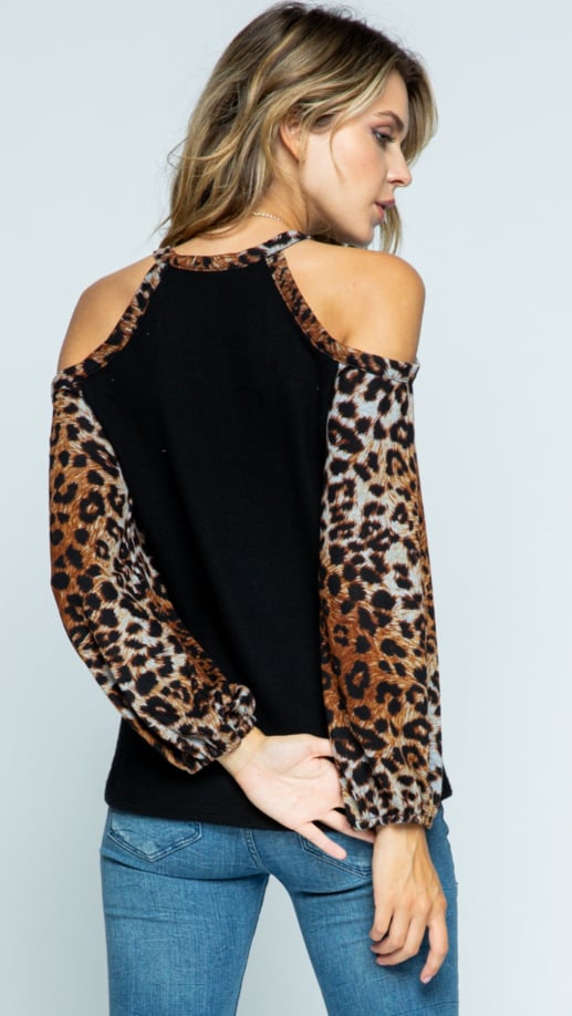 Black Cold Shoulder Long Sleeve Cheetah Print Shirt
