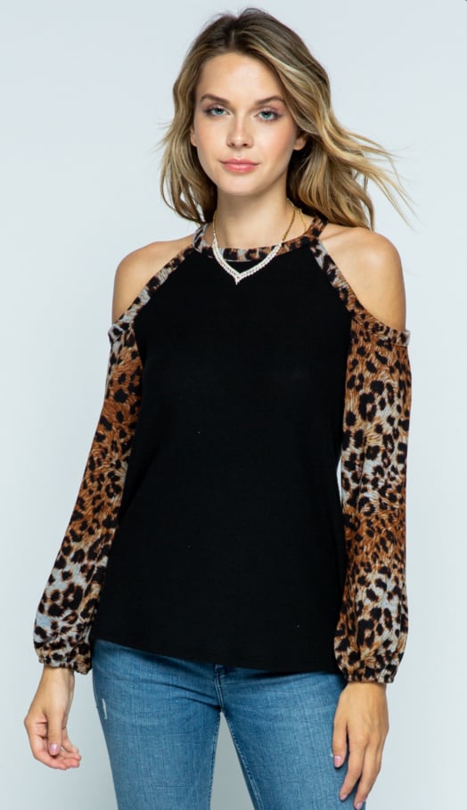 Black Cold Shoulder Long Sleeve Cheetah Print Shirt