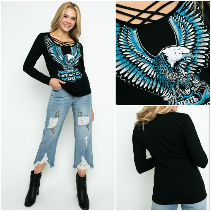 Criss-Cross Top Long Sleeves with Eagle