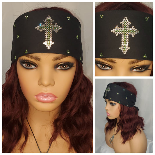 Cross Black Bandana with Light Green and Diamond Clear Austrian Crystals (Sku6042)